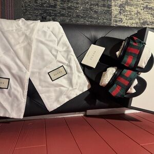 Gucci Black Slides with Green and Red Straps